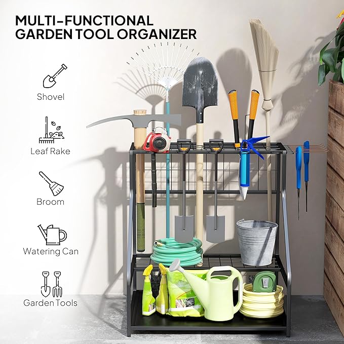 Outsunny Garden Tool Organizer for Garage, 3-Tier Yard Tool Storage Rack with Hooks for Long-Handled, Broom, Shovel, Rake, Metal Garden Tool Storage for Shed, Yard, Garage, Orange