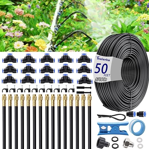 50FT 5/16 inch 360° Adjustable Drip Irrigation Kits Automatic Garden Watering Misting Atomizing System with 16pcs Bendable Nozzles for Yard, Lawn, Plant, Greenhouse, Garden(5/16 inch Hose)