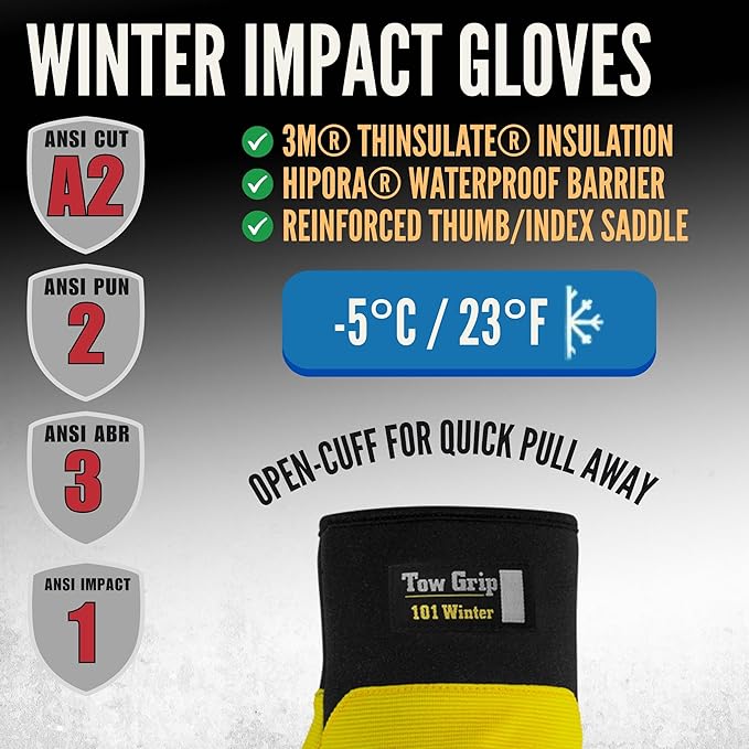 Cestus 5076, Winter Work Gloves for Cold Weather, Corded Cotton Palm, Insulated, Waterproof, ANSI Cut A2, ANSI Impact 1