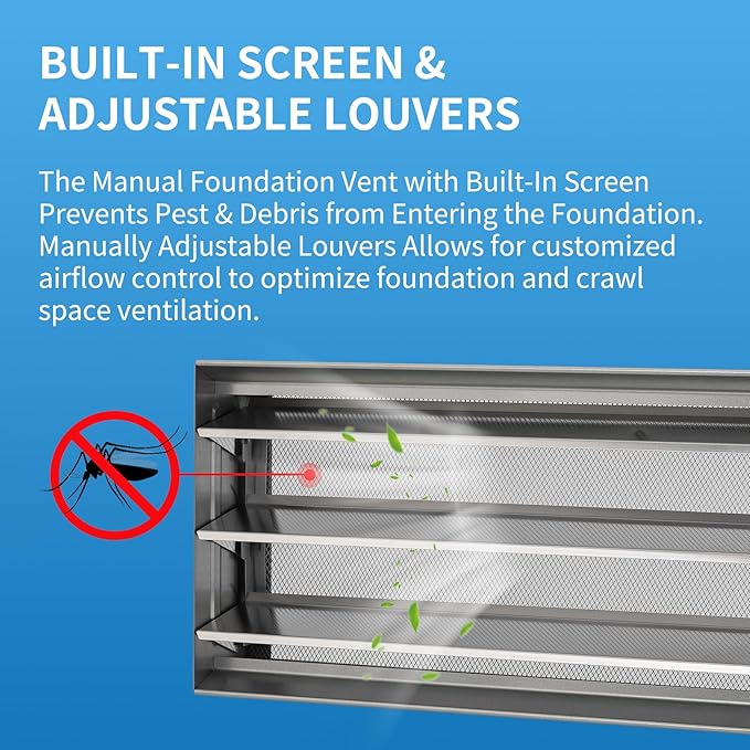 8" x 16" Manual Foundation Vent with Adjustable Louvers for Ventilating Crawl Space Replacement Air Vent for Block & Brick Construction, Aluminum, 73 sq. in. Net Free Vent Area