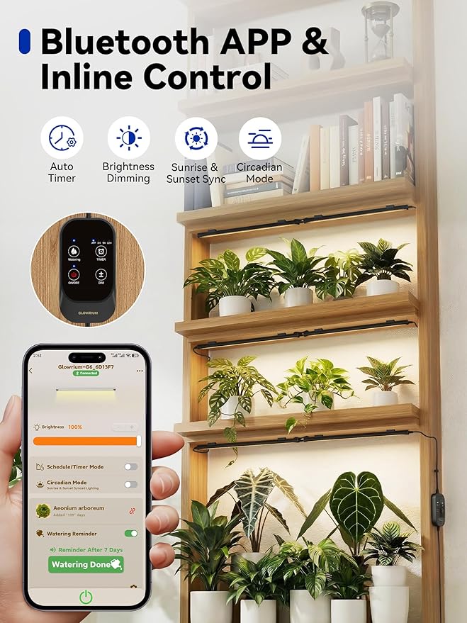 GLOWRIUM Smart Grow Lights for Indoor Plants with APP, Full Spectrum Grow Lights for Seed Starting, G6 Plant Light Strip with auto Timer, 3 Angle dimming Levels for Plant Shelf, 2-Pack (Black, 16W)