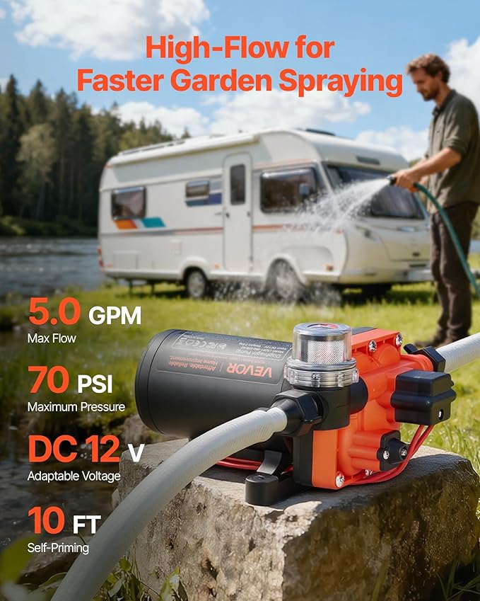 VEVOR RV Water Pump, 12V DC 5 GPM (18.9 L/min), 4-Chamber Self-Priming Diaphragm Water Pump with Automatic Pressure Switch, 70 PSI Max Pressure, On Demand for RV, Caravan, Marine, Yacht, Car Washing