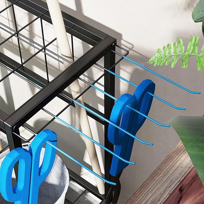 Outsunny Garden Tool Organizer for Garage, 3-Tier Yard Tool Storage Rack with Hooks for Long-Handled, Broom, Shovel, Rake, Metal Garden Tool Storage for Shed, Yard, Garage, Blue