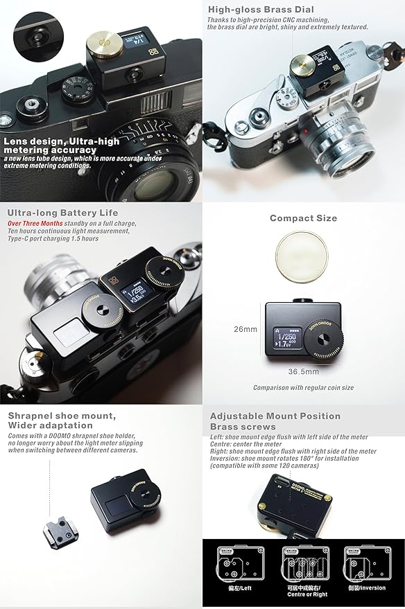 OLED Light Meter, Meter S Brass Version, New Screen Design, Real-time Metering and One-Button Metering for Vintage Cameras (All Black)