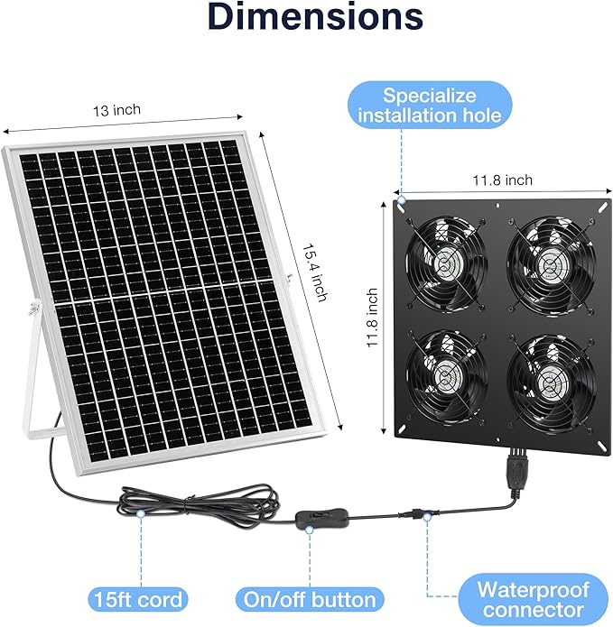 Fanspex Solar 4 Fan Kit, Waterproofed Solar Powered Fans for Outdoor Chicken Coop, Greenhouse & Shed Intake or Exhaust Air