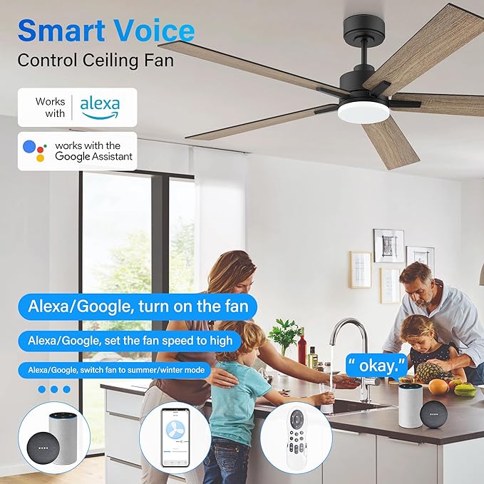 60” Smart Ceiling Fan with Lights Remote,Control via Alexa Google App Wifi,Silent DC Motor,Dimmable,Outdoor Indoor Modern Ceiling Fans for Large Bedroom Living Room Kitchen Patio,Black Walnut Brown