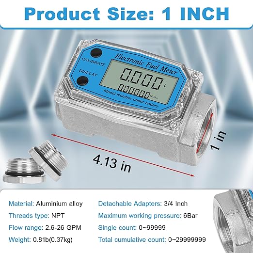 1" Digital Turbine Fuel Flow Meter, 2.6-26 GPM with 3/4" Adapters for Diesel, Gasoline, Oil & Water - Supports GPM, GPH, L, m³