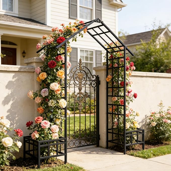 Adjustable Metal Garden Arch with Planters, Heavy Duty Galvanized Steel Arbor for Climbing Plants, Outdoor Pergola Trellis for Rose, Vine, Ivy, Wedding Arch Decoration