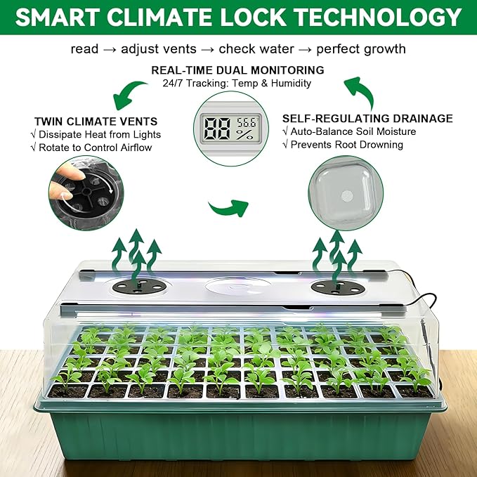 Self-Watering Seed Starter Tray with Grow Light,60-Cell Seed Starter Kit with Humidity Dome,Seed Germination Kit,User-Friendly Plant Germination Trays for Indoor Plants