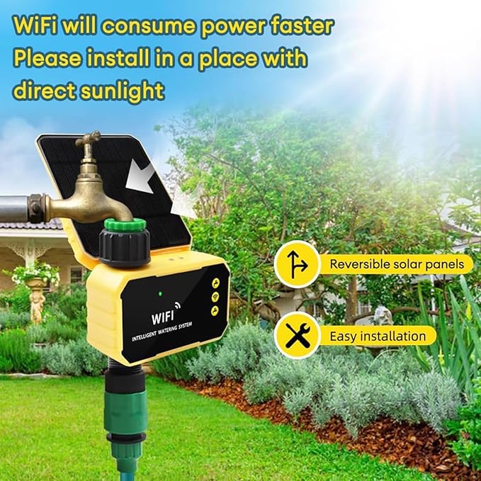 Eujgoov WiFi Solar Sprinkler Timer, Automatic Watering Controller with Rain Sensor and App Control for Villas Balconies Rooftop Gardens