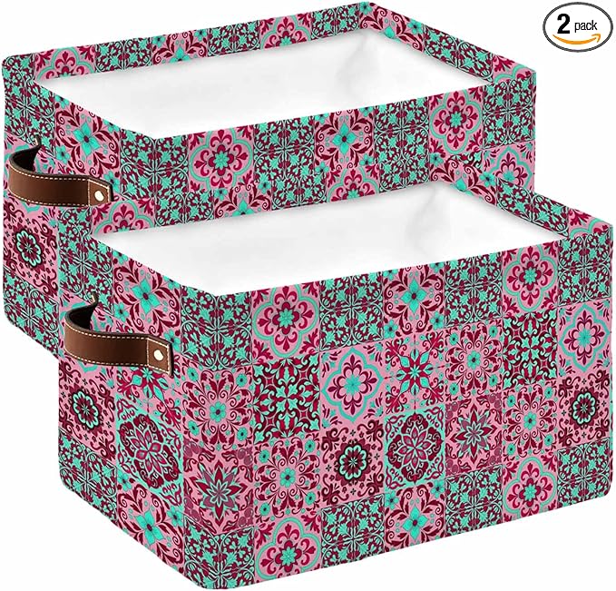 Vintage Middle Century Storage Bins Cubes Waterproof Cloth Storage Basket,Abstract Bohemia Style Aztec Pink Foldable Storage Bags for Shelf Clothes Storages Organizers with Handles 15x11x9.5 in 2PCS