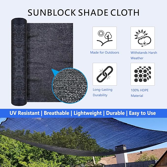 60% Shade Cloth Roll 6ft x 100ft - HDPE Sun Shade Fabric Roll, UV Block Cuttable Shade Mesh for Garden, Greenhouse, Patio, Pergola - Black Outdoor Sunblock Shade Netting