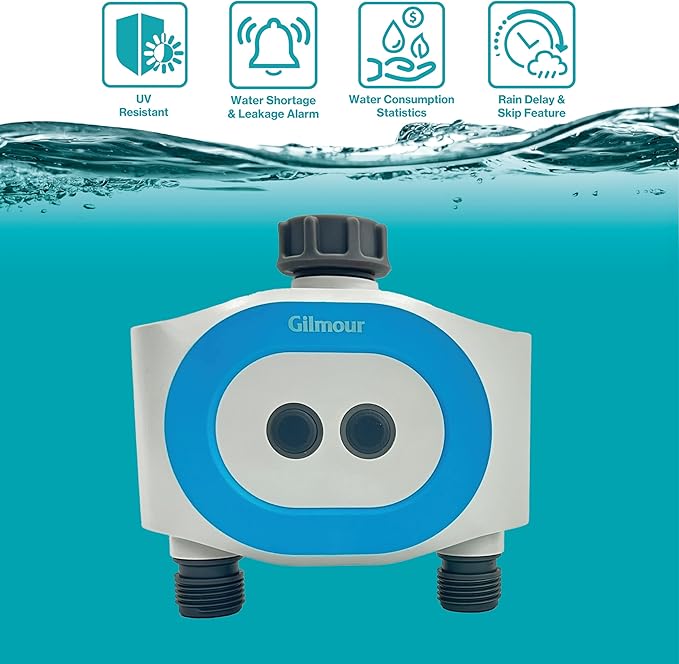 Gilmour Dual Outlet Smart Water Timer, WiFi Automatic Watering System, Rain Delay, Battery Operated, 2 Zone