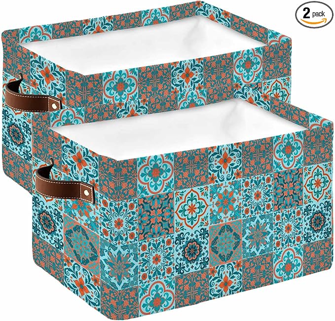 Retro Middle Century Storage Bins Cubes Waterproof Cloth Storage Basket,Rustic Bohemia Style Aztec Blue Foldable Storage Bags for Shelf Clothes Storages Organizers with Handles 15x11x9.5 in 2PCS