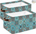 Retro Middle Century Storage Bins Cubes Waterproof Cloth Storage Basket,Rustic Bohemia Style Aztec Blue Foldable Storage Bags for Shelf Clothes Storages Organizers with Handles 15x11x9.5 in 2PCS