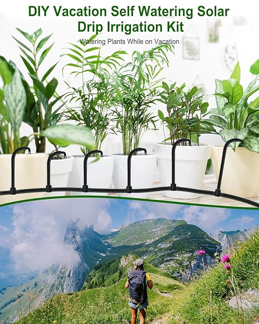 Solar Automatic Drip Irrigation System, 15 Pot Self Watering System with 2200mAh, IPX5 Waterproof, USB-C & Solar Charging, Timer Modes for Indoor/Outdoor Garden, Balcony & Patio