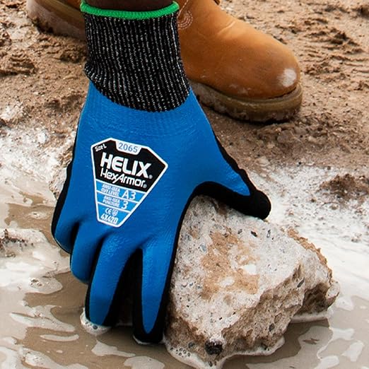 HexArmor Helix 2065 Fluid-Resistant Work Gloves – Double-Dipped Nitrile Waterproof Coating, ANSI Cut Protection, Sandy Nitrile Palm for Oily Grip, 13-Gauge HPPE Shell, Industrial Strength | Large