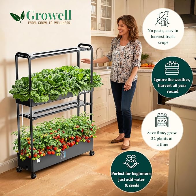 Growell Large Basket Hydroponics Growing System Kit, 32 Pods Vertical Hydroponic Garden with 2 Grow Light Modes, Auto Circulating Water System, 32L Indoor Gardening System for Herb Vegetable Fruit
