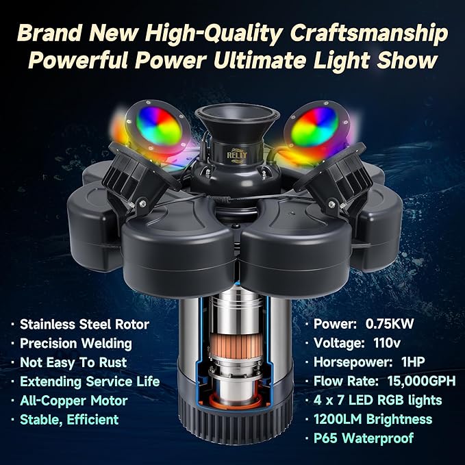 RELIY Pond Fountain Aerator, With 4 RGB Lights 1HP 110V 15000 GPH Stainless Steel Fountain Pump, Fully Automatic Powerful Lake Floating Fountain, 100 FT Power Cord, Programmable Timer Switch