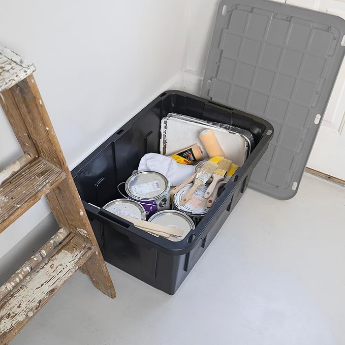 CX BLACK & YELLOW, 27-Gallon Heavy Duty Tough Storage Container & Snap-Tight Lid, Black & Grey (14.3H x 20.6W x 30.6D), Weather-Resistant Design and Stackable Organization Tote [2 Pack]