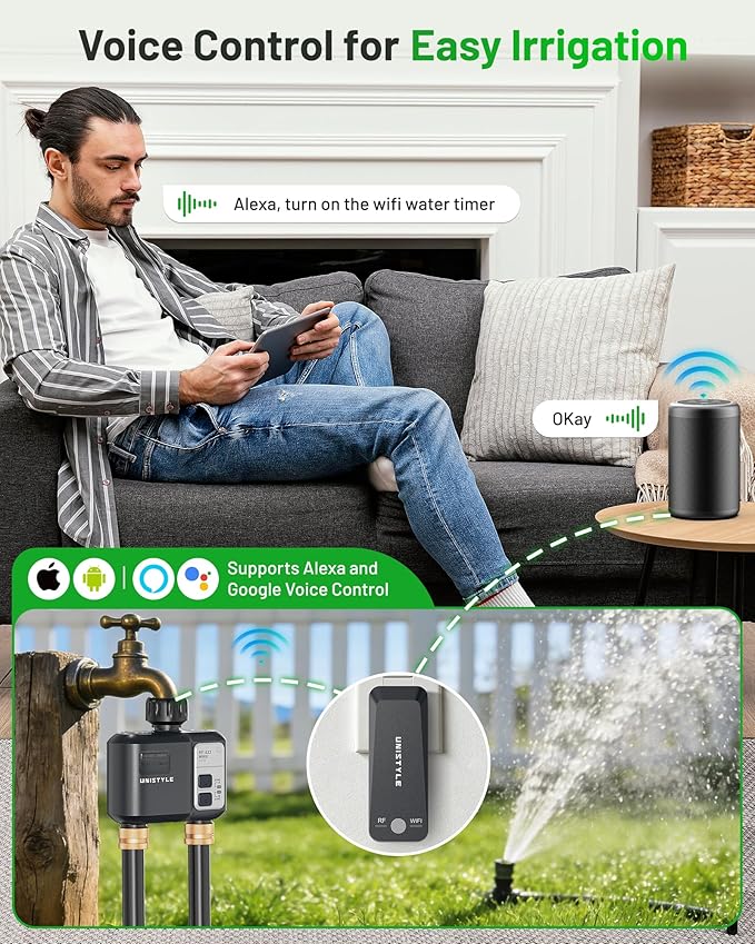 [All-New 2027] 1700FT WiFi Sprinkler Timer 2 Zone, Unistyle Smart Hose Timers Compatible Alexa & Google Voice and App Control, Water Timer for Garden Hose with Auto & Manual Modes for Garden Lawn