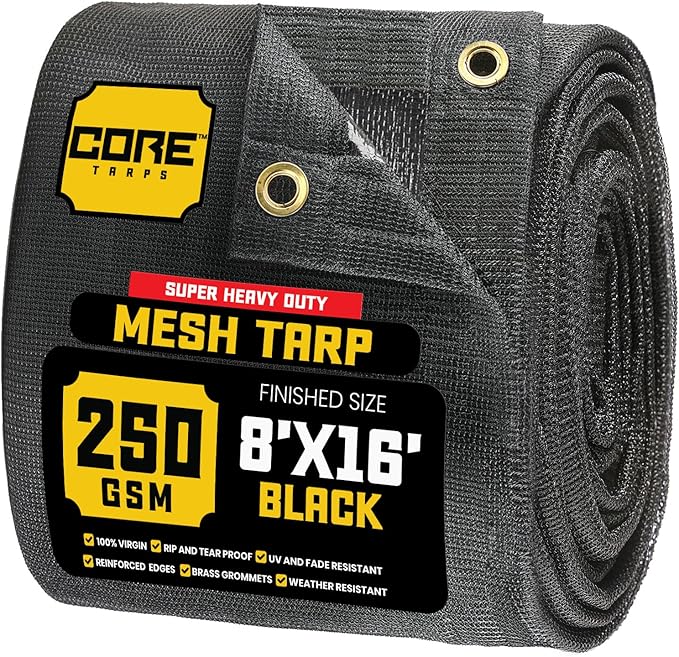 Core Tarps 60% Black Shade Cloth with Grommets - 8 X 16 FT Heavy Duty Mesh Tarp - Sun Shade Cloth for Garden Vegetables Plants Greenhouse Outdoors Backyard Fences Dump Trucks Patio Mesh Shade Tarp