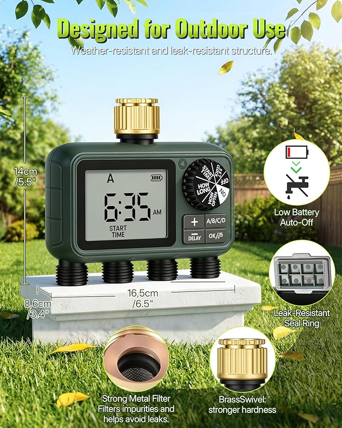 Brass Sprinkler Timer with Swivel, Programmable Water Timer for Garden Hose with Auto/Manual/Rain Delay Watering, Digital Irrigation System Kit,for Garden, Yard, Lawn 4 Outlet F14WT06