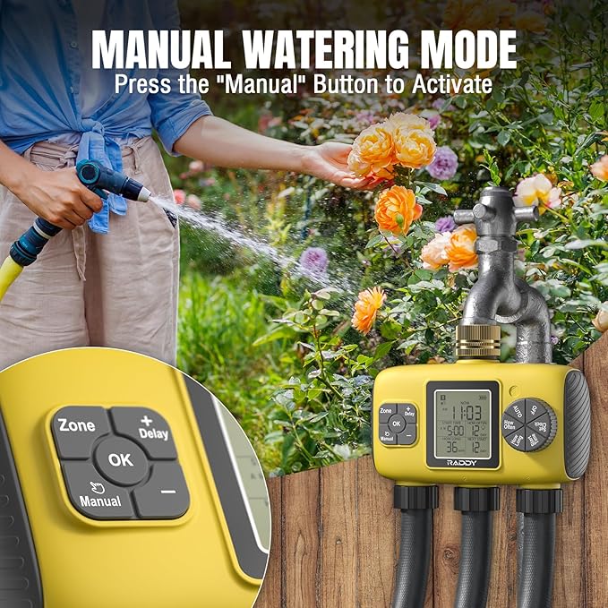 Raddy WS-8 Sprinkler Timer 3 Zone, Heavy-Duty Outdoor Irrigation Controller with Manual Watering, Rain Delay, High-Pressure 6V Valve, Fully Waterproof for Garden Yard, Yellow