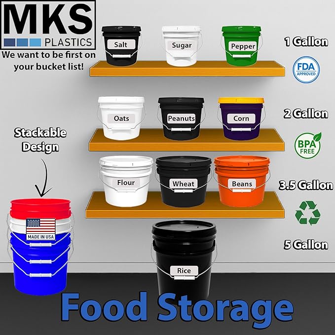 MKS Plastics 5-Gallon Bucket with Airtight Lid – Made in USA, Food Grade BPA Free Plastic, Heavy Duty Multi-Use, Metal Handle with Grip, Stackable Storage – Black, 1 Pack