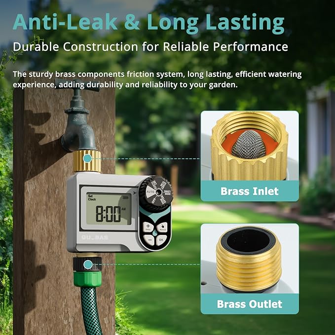 QUOBAS Zero Pressure Water Timer, Programmable Sprinkler Timer for Garden Hose Faucet with Brass Ports, Rain Delay/Manual/Automatic Irrigation System, Low Pressure Watering Compatible Rain Barrel