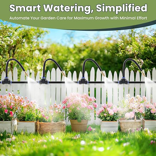 Automatic Drip Irrigation Kits - Garden Watering System with 360° Bendable Spray Adjustable Copper Atomizing Nozzles for Yard, Lawn, Raised Bed, Greenhouse, Potted Plants (15 Nozzles, 50FT Hose)