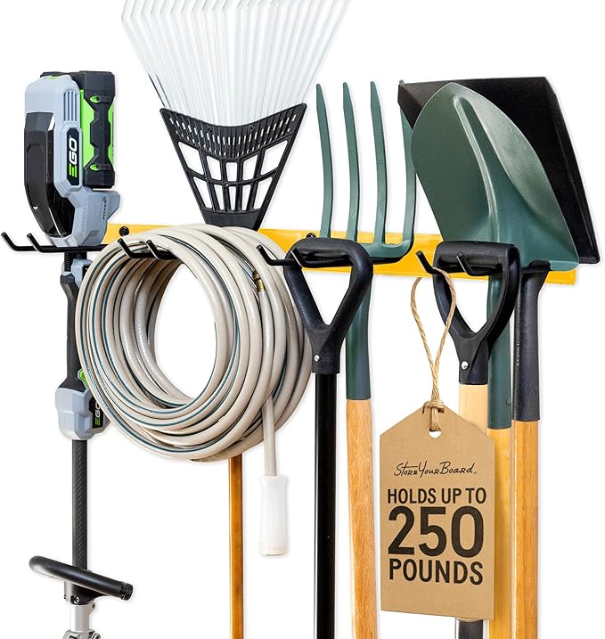 StoreYourBoard 36" Garage Tool Organizer Wall Mount | Garden Tool Organizer System | Heavy Duty Garden Tool Storage Rack for Yard Tools Rakes Shovels 250lbs Garage Organization | 4 PVC Coated Hooks