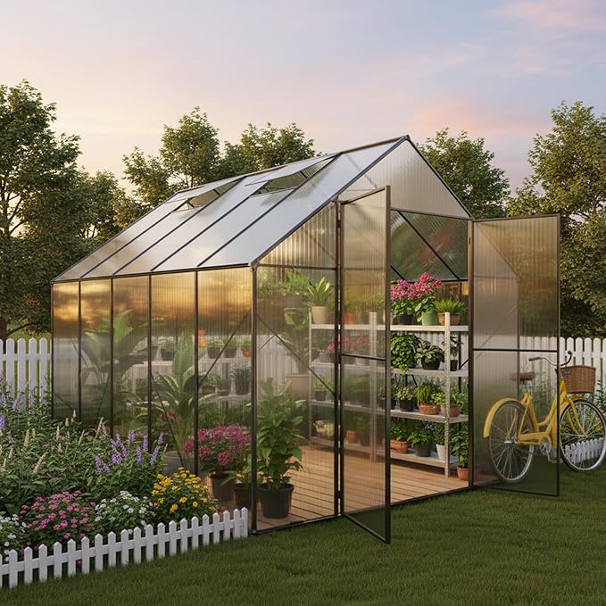 Kingdura 8x10ft Walk-in Greenhouse for Outdoors, Large Polycarbonate Greenhouses with Heavy Duty Aluminum Frame, Adjustable Roof Vent, Lockable Door, UV Protection for Outside Garden Backyard