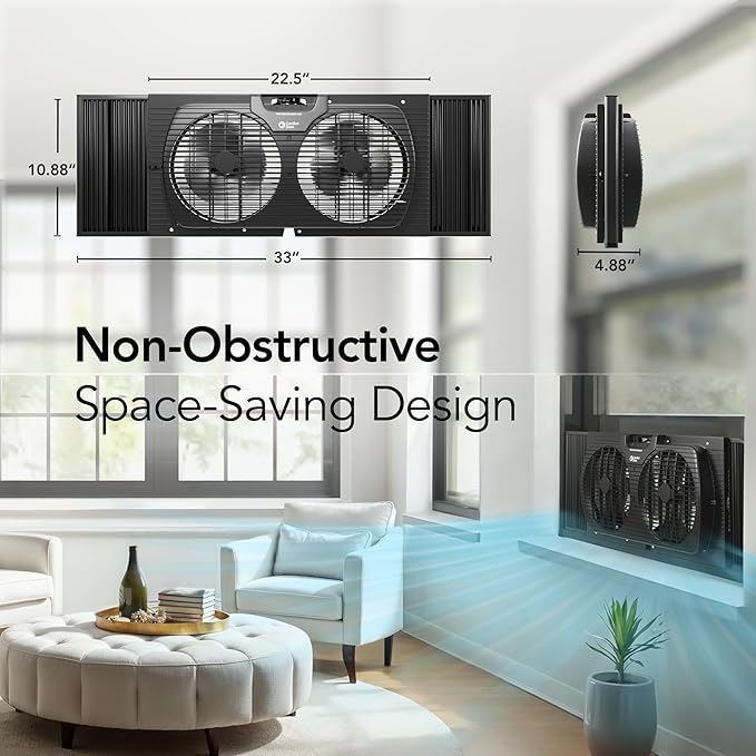 Comfort Zone Window Fan for Bedroom, 9 inch 3 Speed Dual Fans with Auto-Locking Expanders, Window Exhaust Fan, Removeable Bug Screen, Black