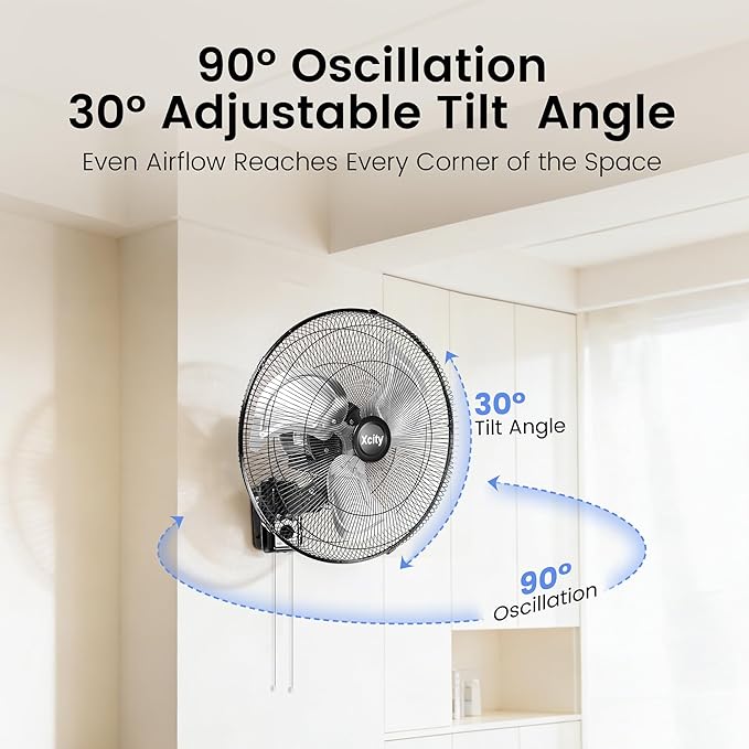 Xcity 20" Industrial Wall Mount Fan with Pull Cord, 90° Oscillating Shop Fan, 3-Speed High Velocity Airflow, Max 4650 CFM, Heavy Duty Metal for Garage, Workshop, Barn, Commercial, ETL Listed