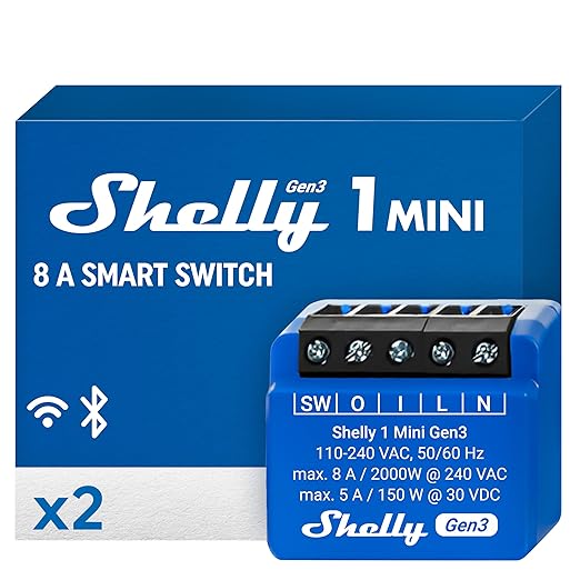 Shelly 1 Mini Gen3, WiFi & Matter Smart Relay Switch with Dry Contacts, 1-Channel 8A, Compatible with Alexa, Home Assistant, SmartThings & Google Home, DYI Garage Door Opener, No Hub Required (2 pack)