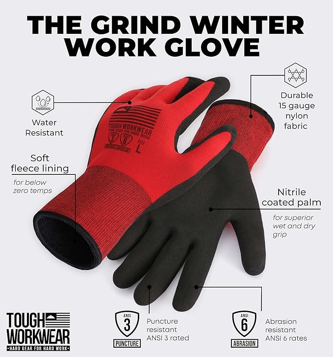 Tough Workwear Winter Work Gloves - Men & Women - Cold Weather - Fleece Lined - Red