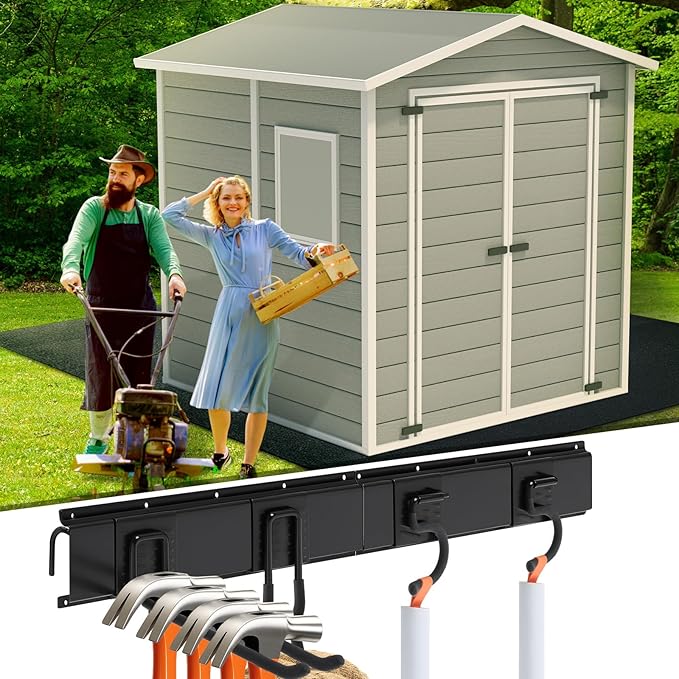 6 Pack Shed Tool Hooks Organizer Wall Mounted 32" Adjustable Storage Shed Accessories Double Straight Large Curved Mop Hook Metal for Large Small Tools Yard Gardening Rack Shovel Broom