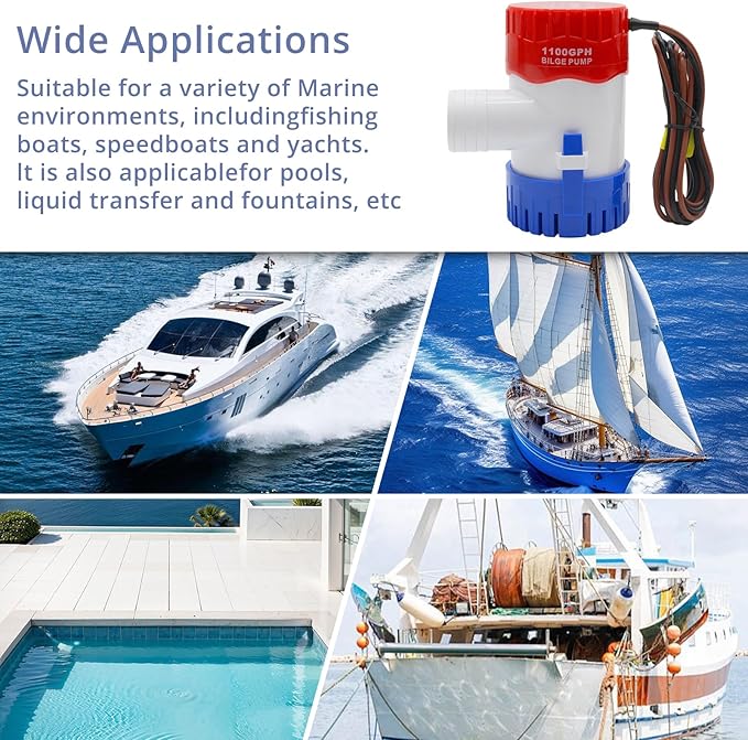 HXH 12V 1100GPH Bilge Pump with Hose Kit for Boats, Includes Thru-Hull Fitting, 2 PCS Stainless Steel Hose Clamps,1-1/8 Inch Flexible PVC Hose