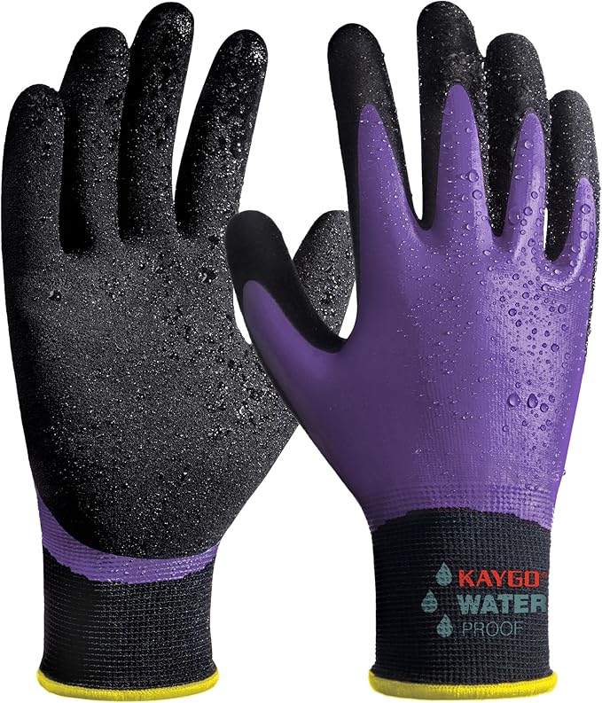 KAYGO Waterproof Work Gloves for Men and Women, Rubber Coated Non-slip Working Gloves for Garden, Outdoor Construction, KG150, Purple, L
