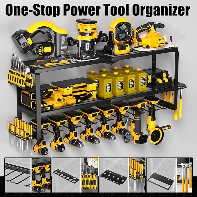 MOOMSINE Large Power Tool Organizer Wall Mount, Heavy Duty Metal Tool Storage Rack Loads 320lbs, 8 Cordless Drill Holder 3 Layer for Garage, Workshop, Tool Room, Gift for Men