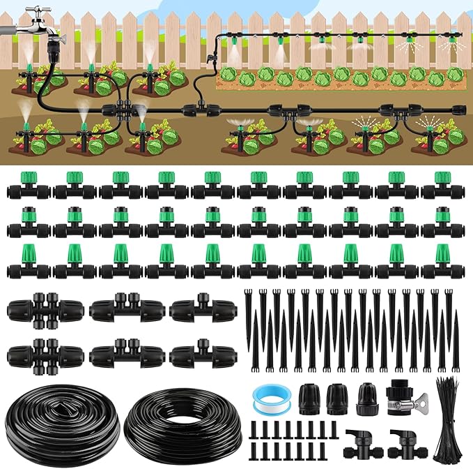 Kalolary 133FT Quick-Connect Drip Irrigation System Kit, Automatic Garden Watering System with 1/4" & 1/2" Tubing,Push-to-Fit Fittings & Adjustable Drip Emitters for Raised Garden Beds Greenhouse Lawn
