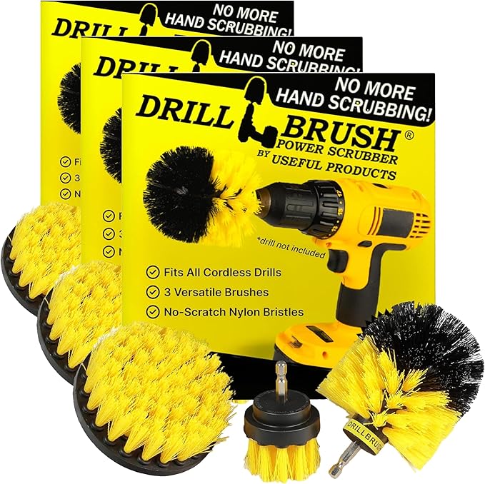 Drillbrush Cleaning Brush Kit, 3 Count, Nylon Bristle | Bathroom Surfaces | Power Scrubber | Drill Attachment | Yellow