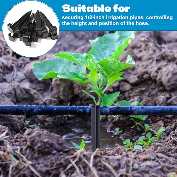 Honoson 30 Pack 1/2 Inch Irrigation Tubing Hold Down Anchor Stakes, 0.87 x 4.33 Inch Drip Tubing Stakes with 50 Pcs 1/4" Adjustable Irrigation Drippers Sprinklers for Garden Patio Lawn Hoses(Black)