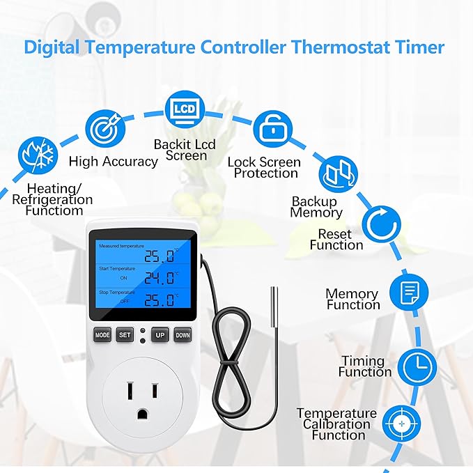 Diymore Digital Thermostat Controller - Plug-in Temperature Controller for RVs, Reptile Terrariums, and Greenhouses (1800W, -40°F to 248°F)