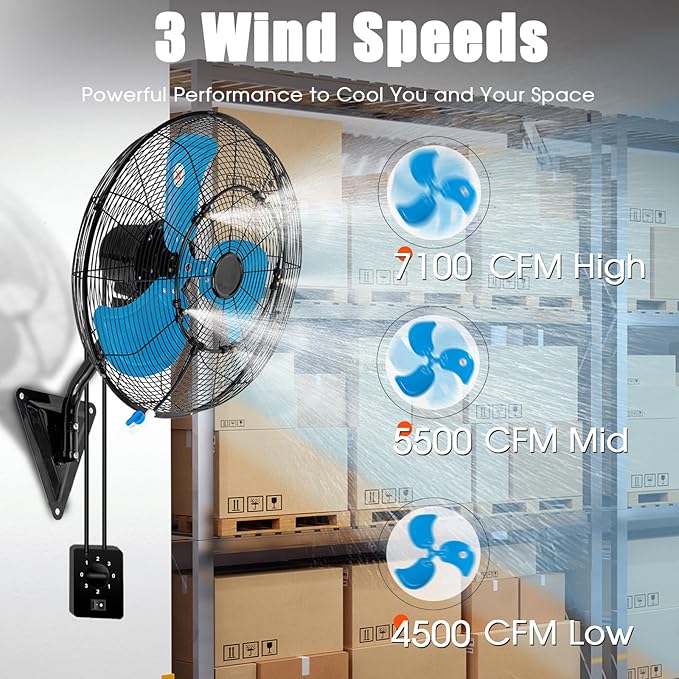 20" Wall Mount Fan with Misting, 7100CFM Heavy Duty Wall Fan with 3-Speed & Adjustable Tilt, High Velocity Industrial Oscillating Fans for Garage, Factory, Patio, Indoor, Greenhouse, Porch, ETL Listed