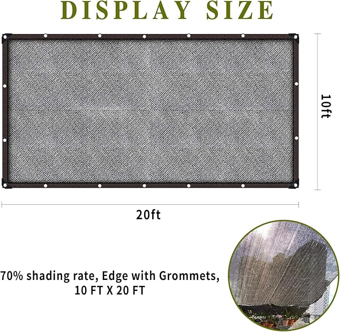 Shade Cloth，70% Garden Sun Shade Cloth Mesh Tarp，10 x 20 FT Black Sun Shade Net, pergola Shade Cover with Grommets，for Outdoor Sun Shade Cover，Plant Cover Patio Canopy ，Greenhouse