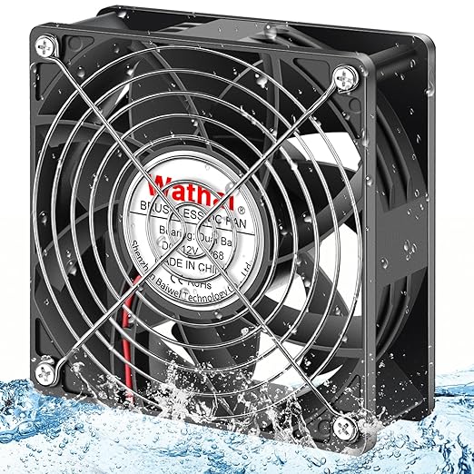 Wathai 120mm x 38mm 12V DC IP68 Waterproof Exhaust Fan, Dual Ball Bearing, 116 CFM, 3000 RPM, 6W, 2Pin for RV Refrigerator, Amplifier, Outdoor Equipment, Camper