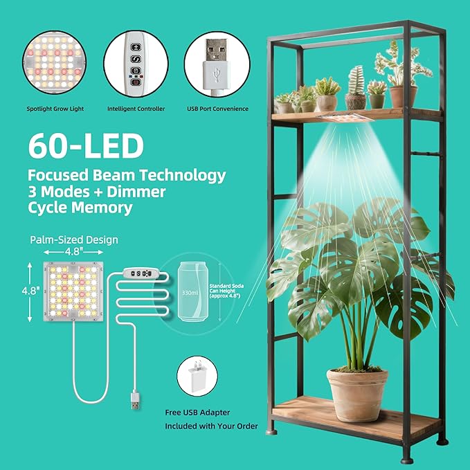 Under Shelf Grow Light, USB Powered Adhesive Stick On LED Under Cabinet Puck Light with Timer, Full Spectrum High PPFD Small Plant Light for Shelves, Indoor Plants, Terrarium, Display Case (3500K)