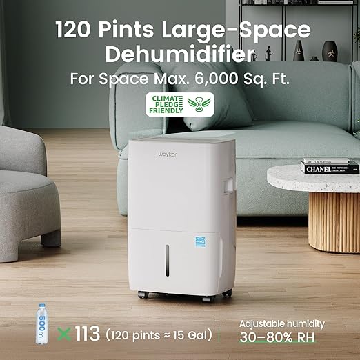 Waykar 120 Pints Energy Star Dehumidifier for Spaces up to 6,000 Sq. Ft at Home, in Basements and Large Rooms with Drain Hose and 1.14 Gallons Water Tank